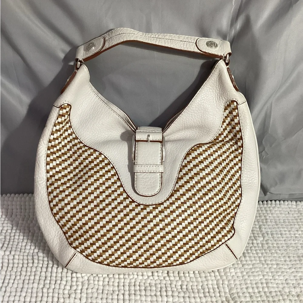 Michael Kors White Tan Woven Leather Hobo Shoulder Bag